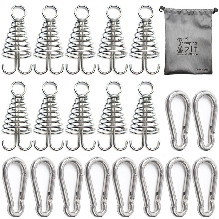 캠핑 아지트 탄소강(CARBON STEEL) 강철 비너 6호 10P + 스프링 오징어 데크팩 10P + 방수 주머니, 1개
