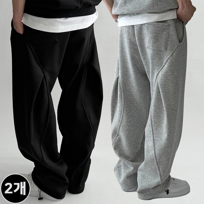2장묶음 빠델 백 커브 절개 핀턱 벌룬 와이드 트레이닝 스웻 커브드 팬츠 회색 트레이닝팬츠