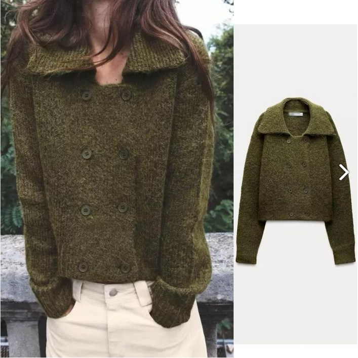 자라 여성 니트 더블 플래킷 카키 스웨터  ZARA