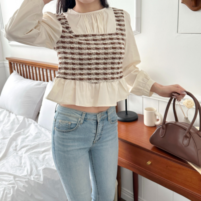 뷔스티에블라우스 트위드 셔츠 프릴블라우스