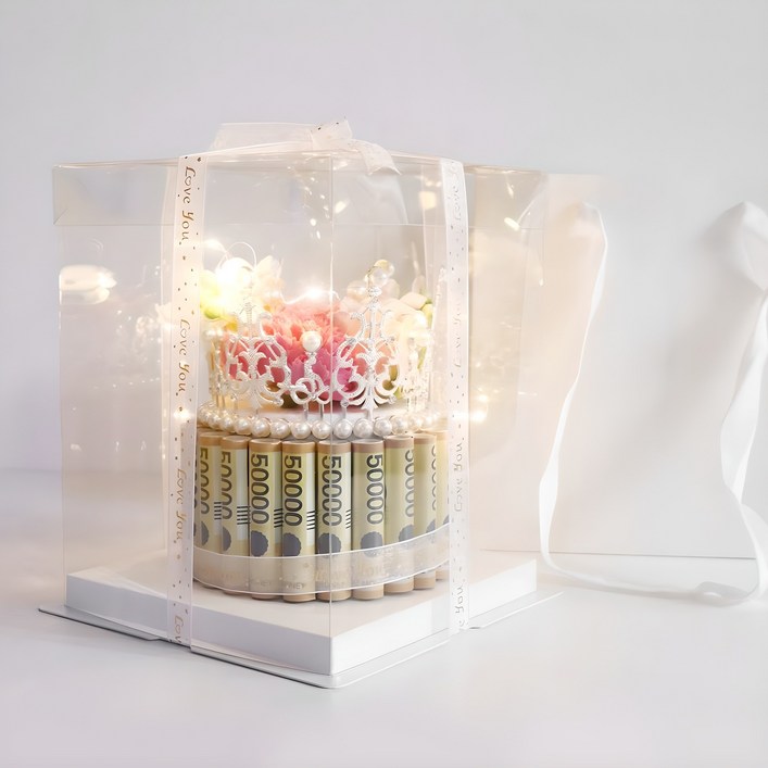 용돈박스 비누꽃 생신 생일 용돈 이벤트 왕관돈케이크 전용쇼핑백 페이크머니 LED전구, 1개, 핑크