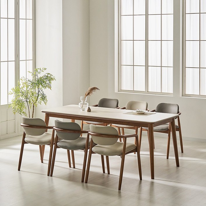 자연애가구 메리안 고무나무 원목 월넛 4인 6인 1600 1900 포세린 세라믹 식탁 세트, 일반의자 6, 19006인용