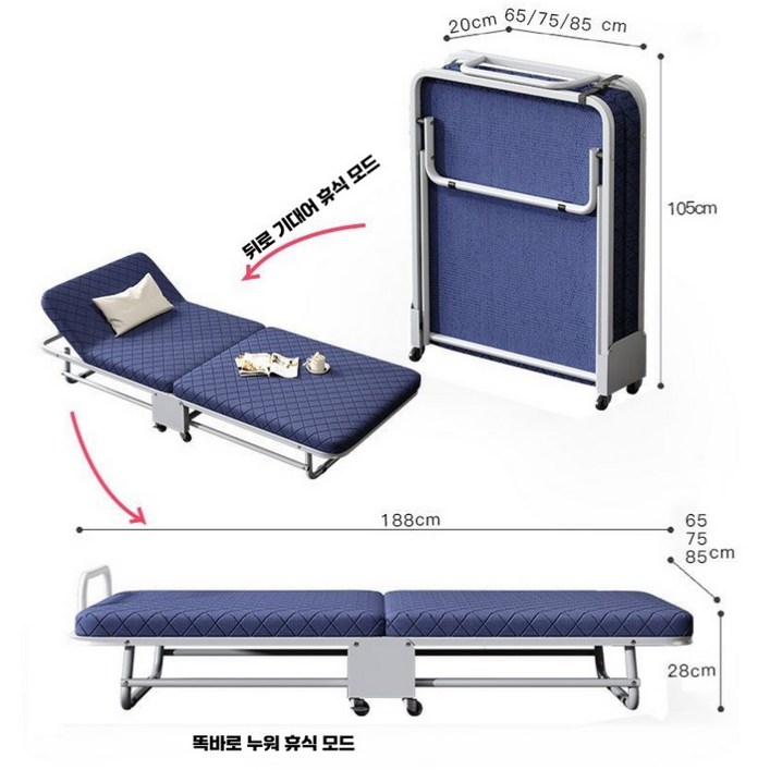 1인용 폴딩 접이식 침대 회사용 낮잠용 간이침대 캠핑침대 188CM, 파란색