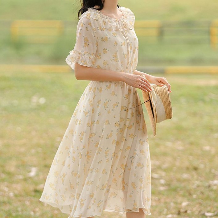 여름 여성 플라워 프린팅 쉬폰 롱원피스 패션 프릴 블라우스 휴양지 바캉스