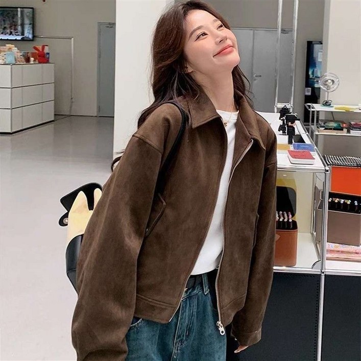 MOSAIRATION 스위트 앤쿨 칼라 스웨이드 집업 여성 아메리칸 캐주얼 오버핏 재킷 Z16