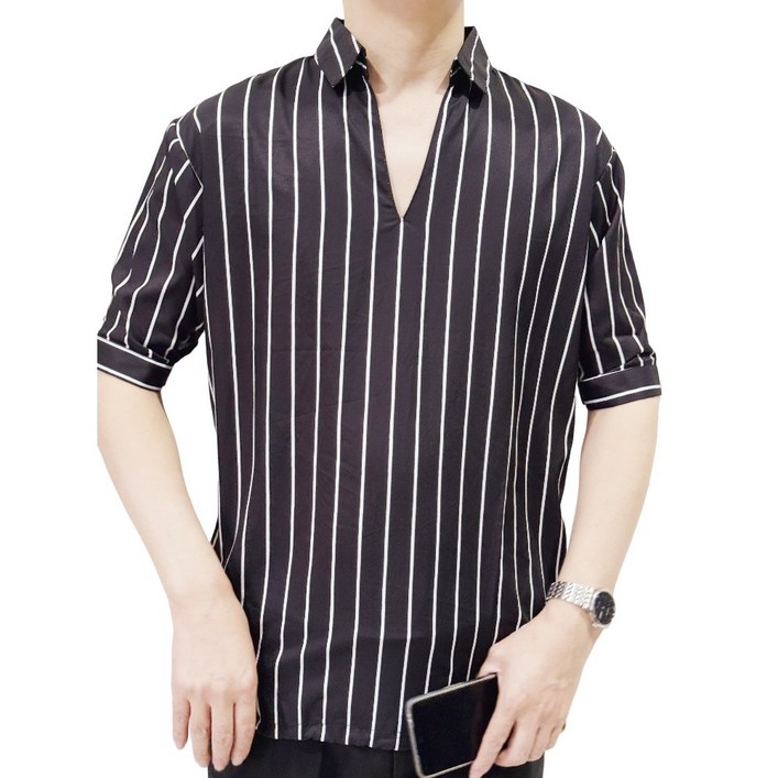 치유쿠 남성 여름 셔츠 아이스 반팔 티셔츠 v넥 프린트 와이드 셔츠 반팔 소매