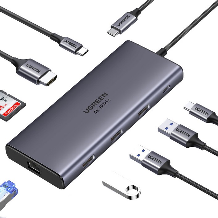 UGREEN 유그린 10Gbps USB C허브 9 포트 어댑터 4K60Hz C타입 to HDMI RJ45 이더넷 PD100W,삼성 애플 PC 태블릿 폰 USB 3.0 허브용