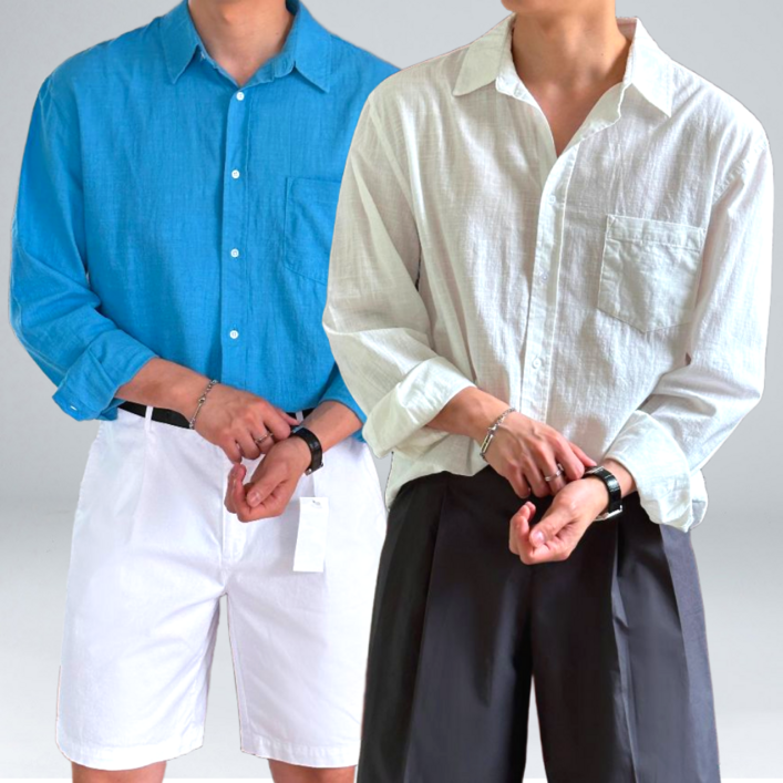 남자 여름 시원한 면 린넨 포켓 카라 기본 셔츠 40901