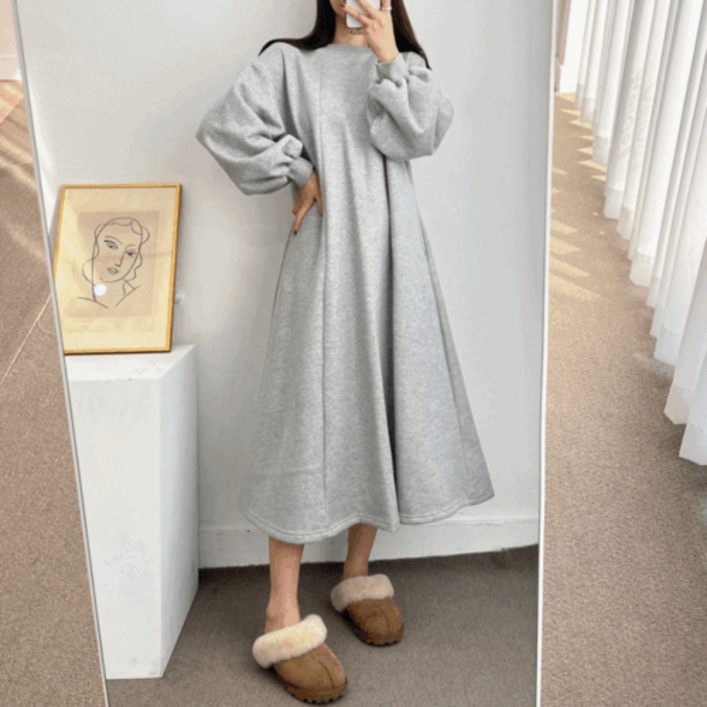 무배 기모 절개 벌룬 A라인 오버핏 롱 원피스 3color