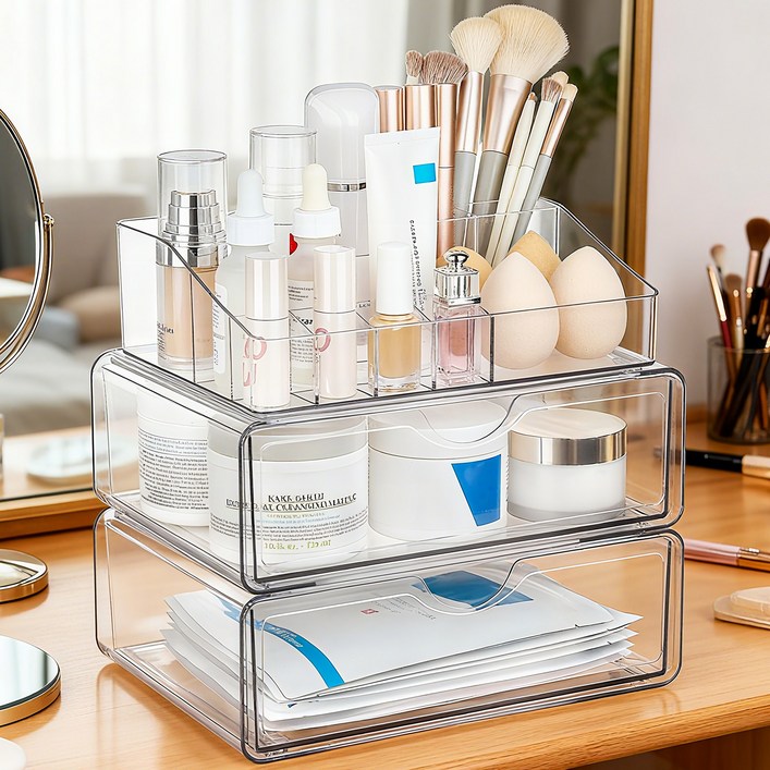 Vtopmart 아크릴 대용량 화장품 정리함 투명색 2단 1세트, 분명한, 3