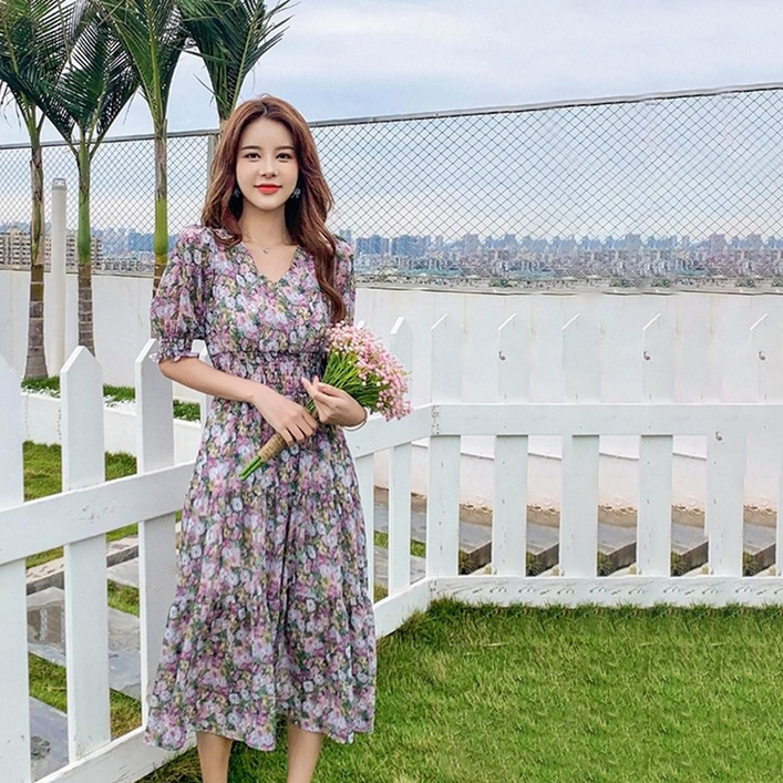 밍키비 Minky Bee 100105C 브이넥 플라워패턴 여성 롱 반팔 원피스 밍키비 Minky Bee 100105C 브이넥 플라워패턴 여성 롱 반팔 원피스