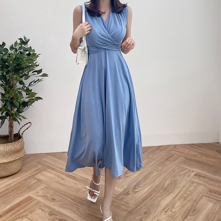 언발 드레이프 랩 셔링꼬임 민소매 나시 원피스 페미닌 휴가룩