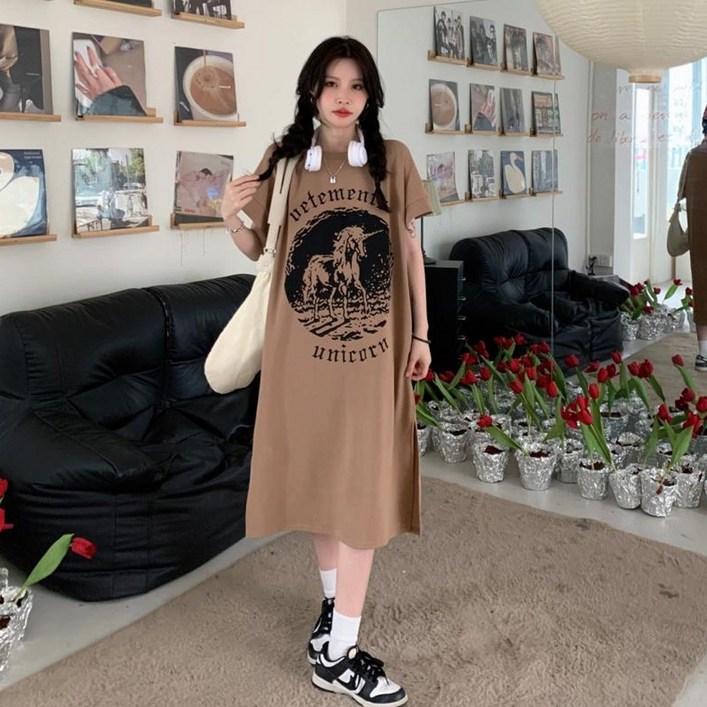 오로라 루즈핏 빈티지 캐주얼 반팔 미디 원피스