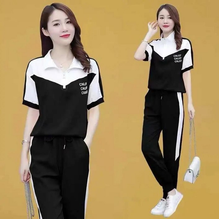 Hasvz여성 여름 신상품 트랜드 캐주얼 트레이닝복 세트 루즈핏  빅 사이즈 반팔티 9부 바지 투피스