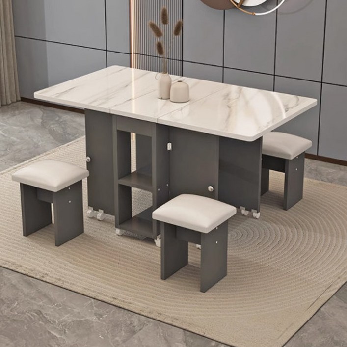 코에리브 접이식 아일랜드 확장형 4인용 식탁 테이블 세트, 1. 화이트 모조 설산그레이
