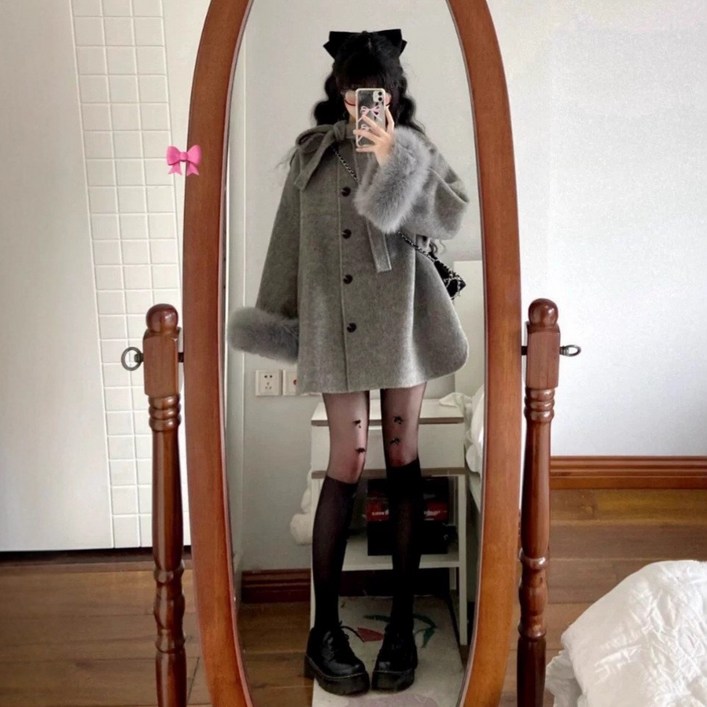 리본 리버시블 코트 여 가을 겨울 도톰한 보온 케이프 코트