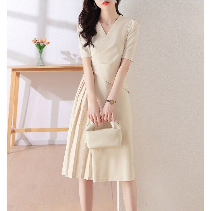 POMTOR 여성 여름 쉬폰 A라인 쉬폰 정장 하객룩 롱 셔링 원피스