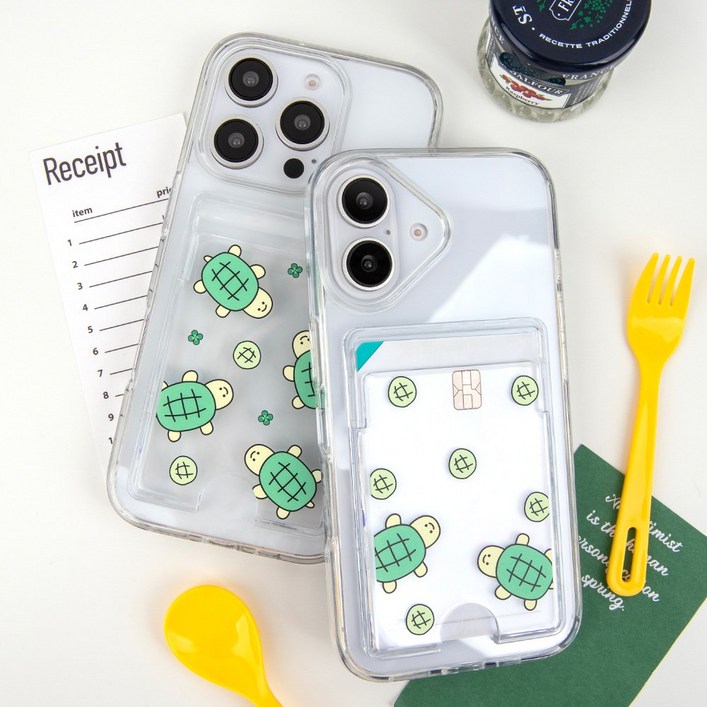 메론빵 거북이 카드2장수납 클리어 포켓 핸드폰 케이스