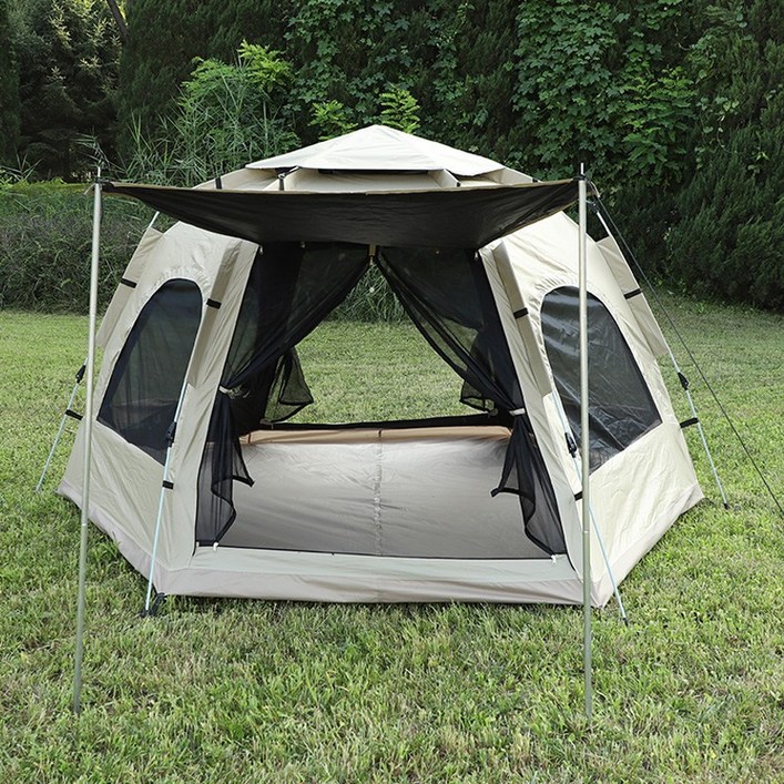 크크캠프 블랙 코팅 헥사돔 원터치 텐트, 6인용280×280×160cm, 베이지