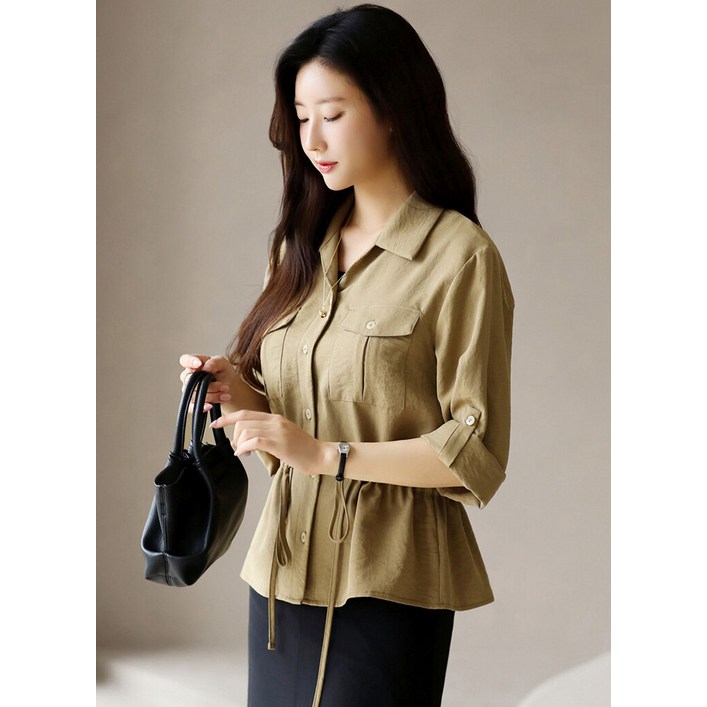 스타일온미 스타일온미  프에티 허리스트링 롤업 7부소매 셔츠 블라우스
