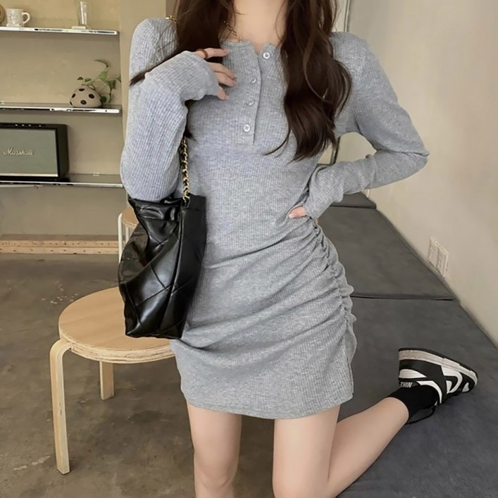 위시올데이 셔링 골지 바디 슬림핏 여성 미니 원피스 트렌디룩