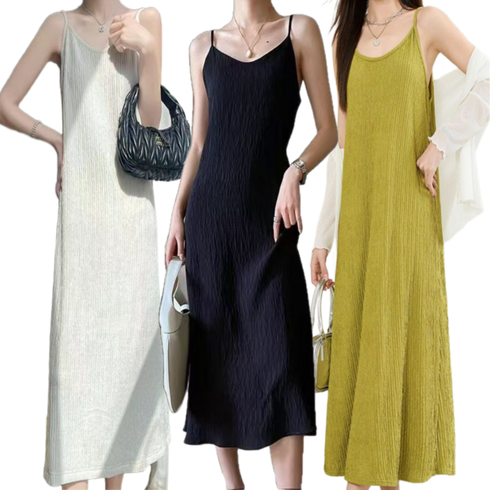 코코언니 여성 주름 끈나시 롱원피스 휴양지룩 3종 세트