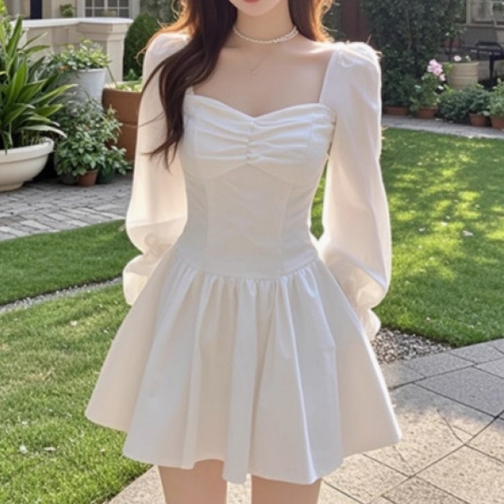 COSYEVNO 셔링 퍼프 A라인 스커트 허리조임 원피스