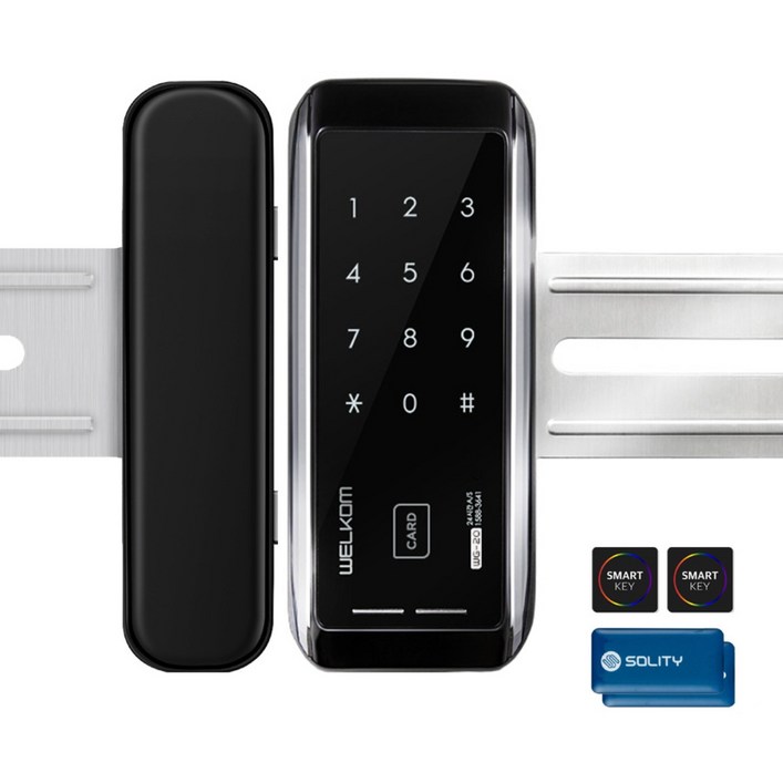 솔리티 웰콤 WG20 양문형홀더포함 카드키4개번호키 강화유리문용 좌우수문인식키패드자동전환 상시문열림기능 차임벨 생활방수 상가 빌라 매장 현관문 디지털도어락 도어록, WG20, 고객직접설치