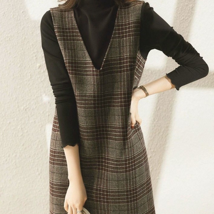 빌리즈빈 여성 브이넥 체크무늬 민소매 원피스 5839