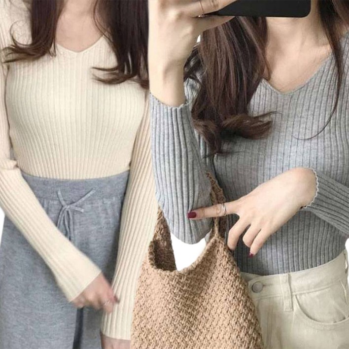 더시럽 여성용 브이넥 슬림 골지 긴팔 니트 2p