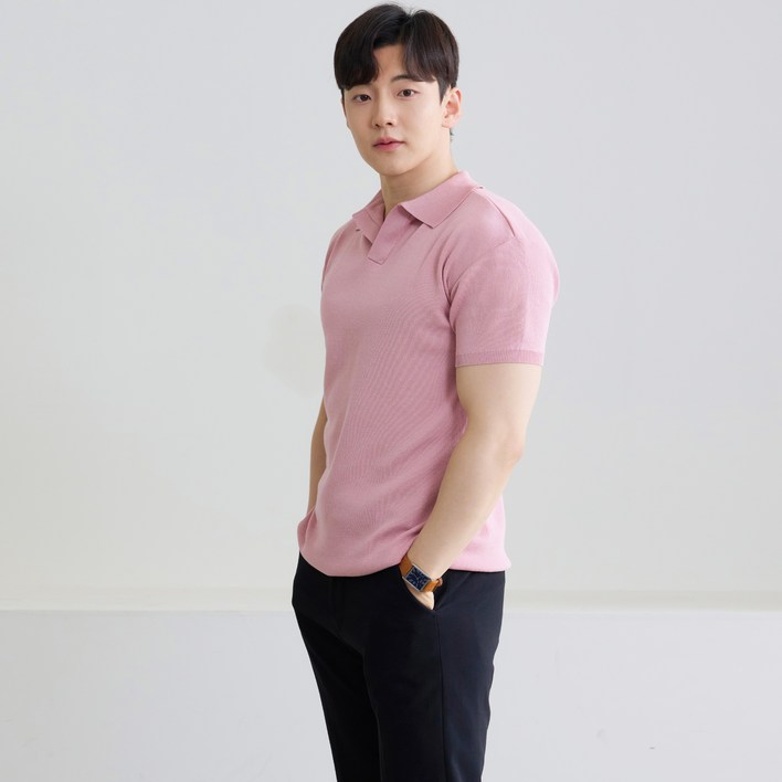 핵쿨남 남성용 아이스쿨링 머슬핏 반팔 오픈 카라 니트