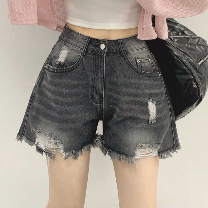 위드후이린 여성용 숏 포인트 찢청 데님 반바지