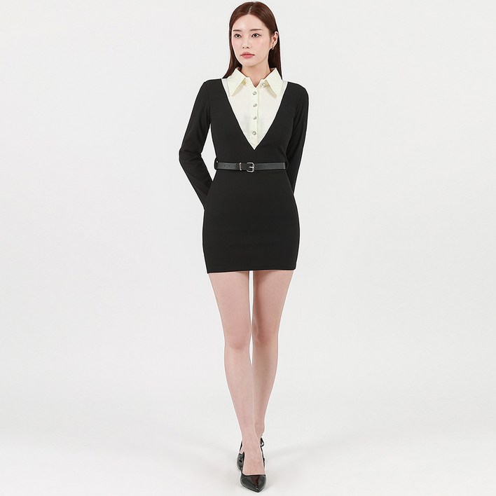 엘쏘 벨트 + 긱시크 카라 셔츠 니트 긴팔 원피스 세트