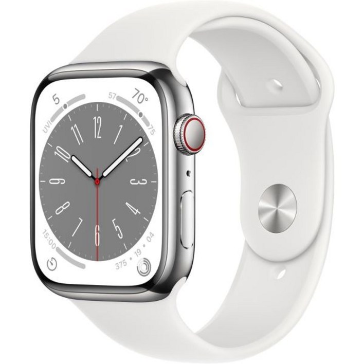 애플 워치 시리즈 8 GPS  셀룰러 41mm 실버 스테인리스 스틸 케이스와 화이트 스포츠 밴드 ML 리뉴얼
