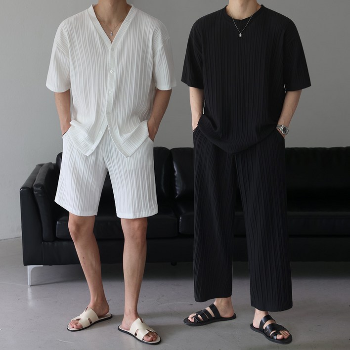 SET베이직바이블 여름 플리츠 셋업 반팔 긴팔 가디건 반바지 조거 와이드 팬츠 세트2color