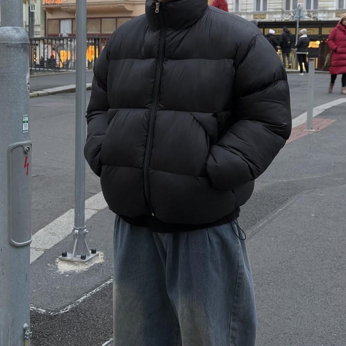 르위 오버핏 글로시 패딩 점퍼 스트링 투웨이 유광 겨울아우터 웰론