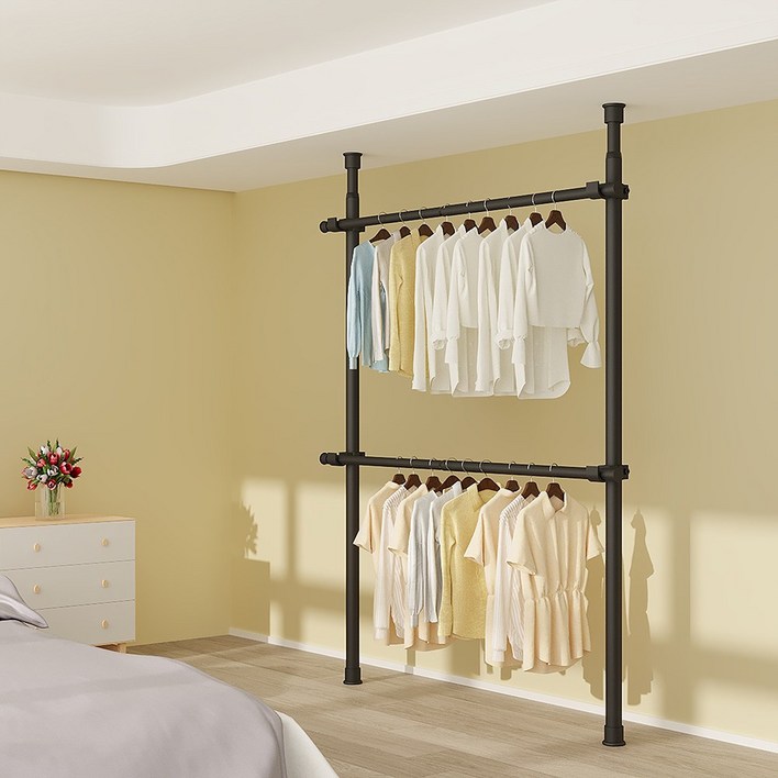 국내브랜드라온리빙 철제 조립식 시스템 행거 3238파이mm, 블랙2단 확장형