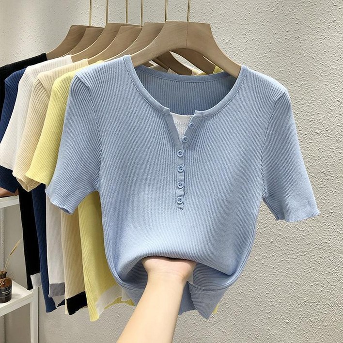 POMTOR 여성 여름 캐주얼 룩 브이넥 티셔츠 크롭 날개  소매 아이스 실크 반팔 니트