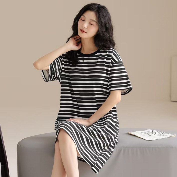 COSYEVNO 순면 여성 원피스 라운드 홈웨어 롱 스커트 잠옷