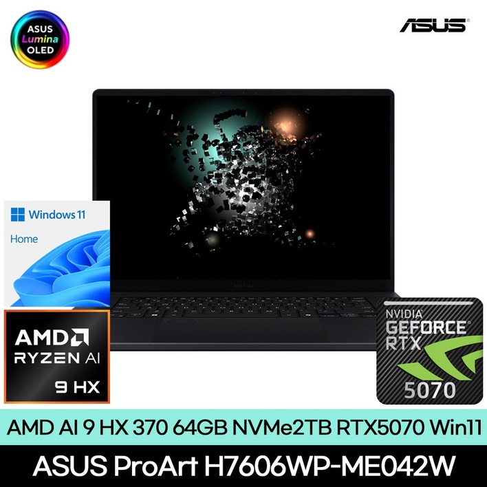 ASUS H7606WPME042W AMD 라이젠 AI 9 HX 370 64GB NVMe 2TB RTX 5070 WIN 11 HJ, H7606WPME042W, WIN11 Home, 64GB, 2TB, 나노블랙