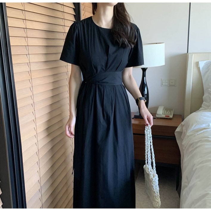 루어스룸 퓨어 여름 코튼 핀턱 주름 반팔 하객 루즈핏 라운드 벨트 플레어 롱 원피스3color