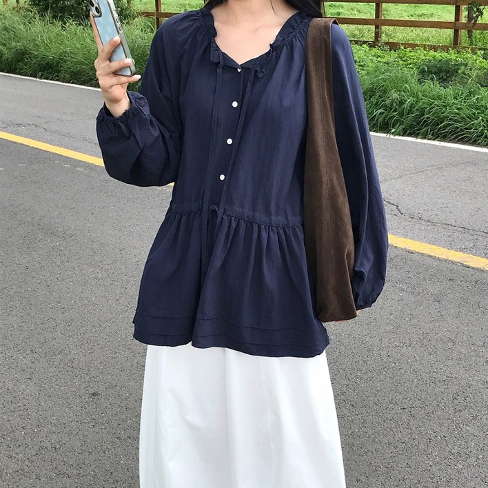 페트리코어 이브 레글런 스트랩 롱 블라우스