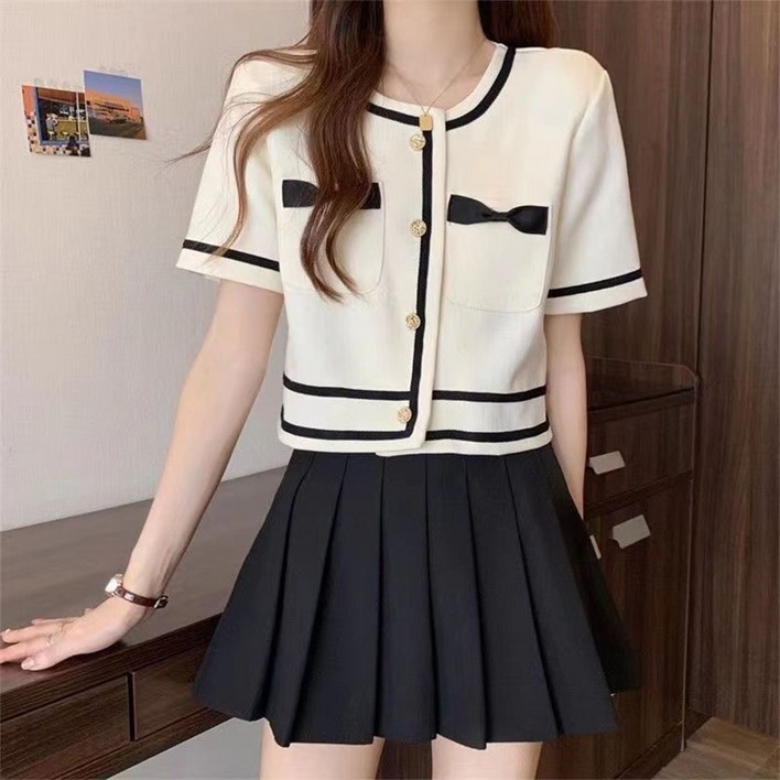 웨일쓰 트위드 여름 반팔 리본 자켓 치마 투피스 세트 ZY3FZ84