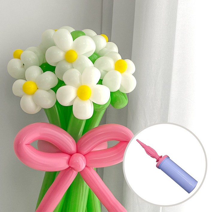 파티아일랜드 DIY 화이트 데이지 꽃다발  손펌프 요술풍선 부케, DIY 화이트 데이지 꽃다발  손펌프