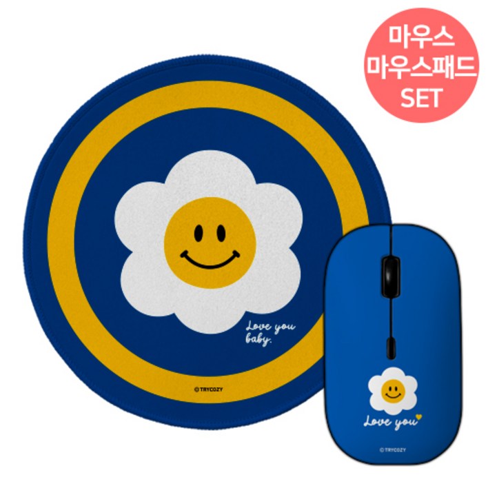 스마일데이지 무소음 무선 마우스마우스 패드 세트, 스마일데이지블루