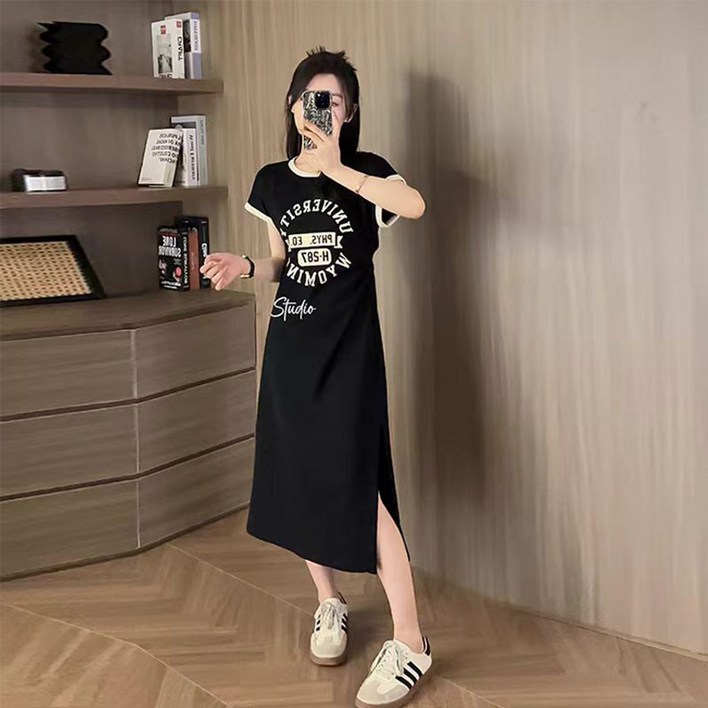 공구리빙 여성 트임 반팔 찰랑 롱원피스 시원한 여름 데일리 캐주얼 원피스