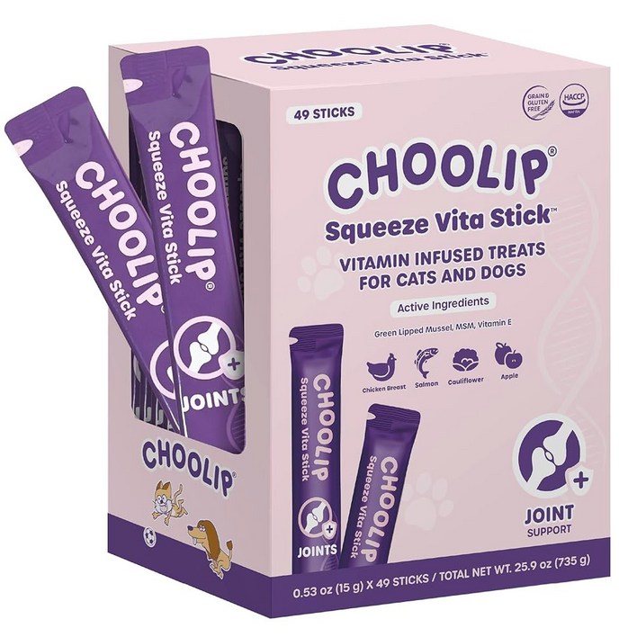 Choolip Grab & Go 스퀴즈 비타 스틱 개와 고양이를 위한 핥을 수 있는 간식. 필수 종합 비타민이 함유된 49가지 버라이어티 서포트 스틱. 모든 생활 단계에 부드럽고