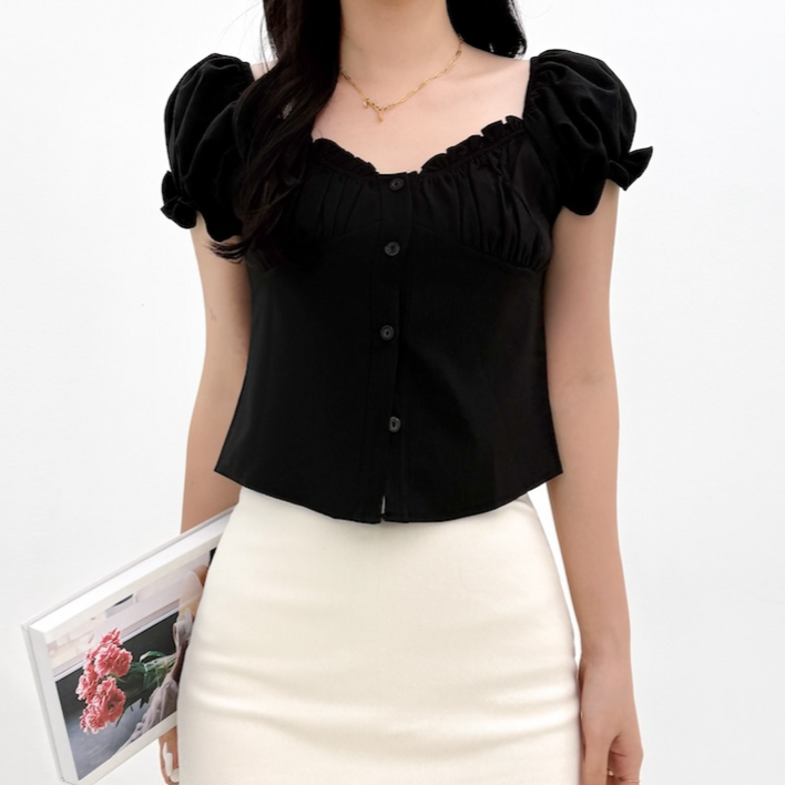 투디 러블리 셔링 퍼프 단추 오프숄더 블라우스, 2컬러