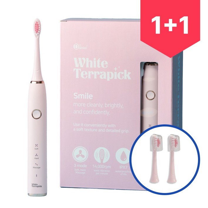 치과약국판매 프로벨 음파전동칫솔 저자극 방수 1년무상AS 칫솔모2개포함, 화이트테라픽 음파칫솔, 핑크, 2개