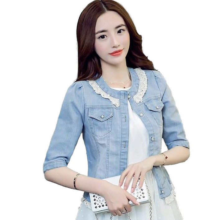 just feelng 여름루즈핏크롭코트캐주얼반팔숏자켓여성데님라우드넥청자켓
